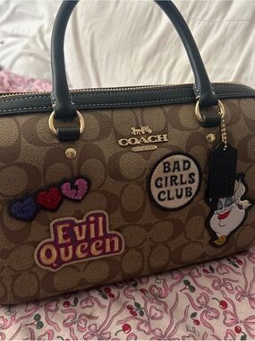 Coach Disney Brown Signature Canvas Satchel with Black Handles and Patches